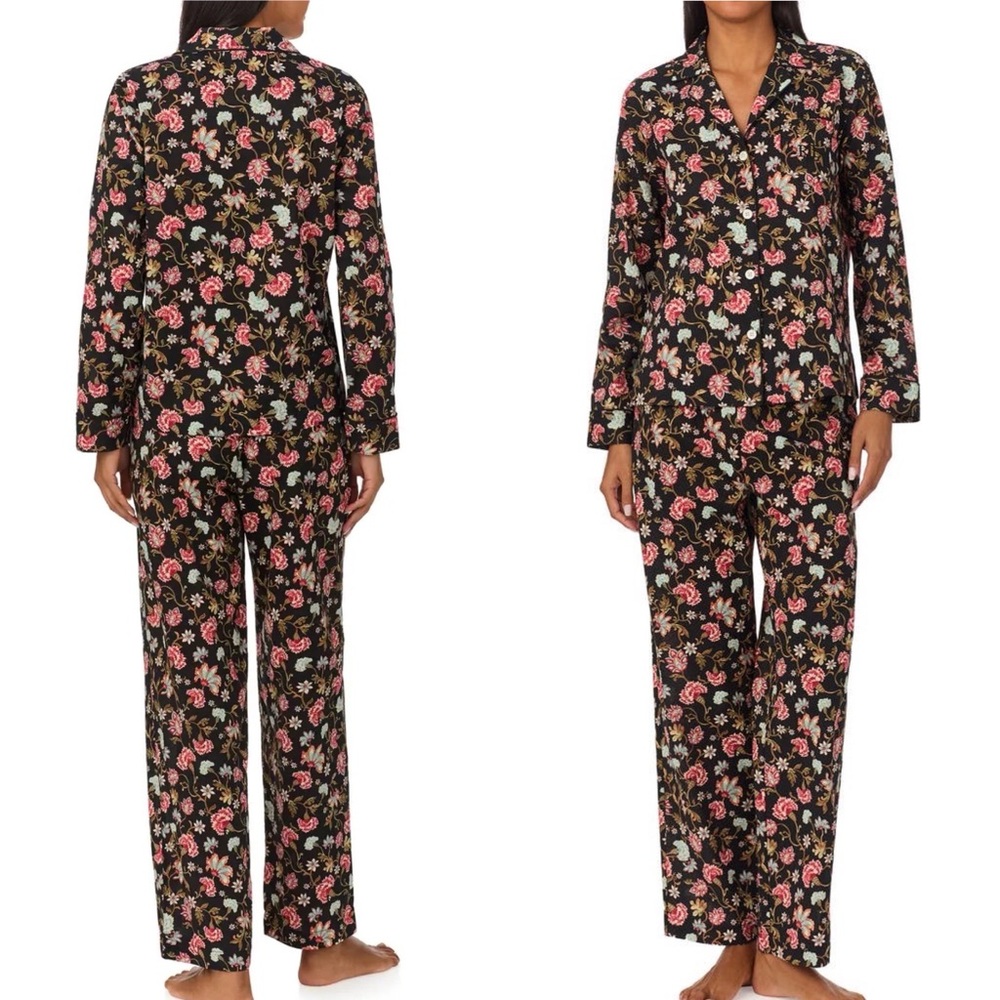 Lauren Ralph Lauren Pajama Set Top‎ Pants Women XL Floral Black Monogram Pocket